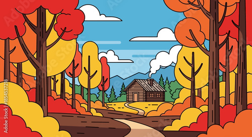 A cozy cabin nestled in an autumn forest with vibrant red, orange, and yellow trees, a winding path, and distant mountains under a blue sky.
