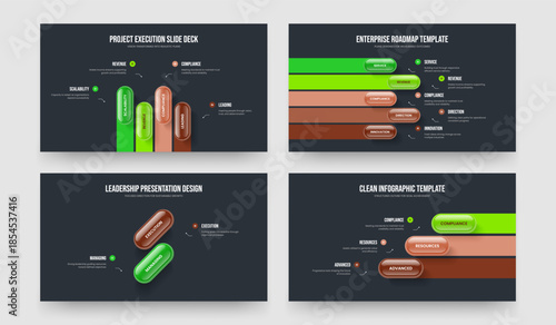 Business Launch 4 5 2 3 Step Diagram Presentation Design Collection. Sales Profile Four Five Two Three Element Infographic Slideshow Template Vector Illustration Bundle.