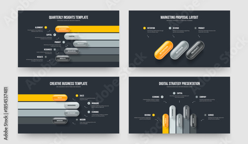 Investor Report Five Three Four Step Infographic Presentation Layout Vector Illustration Set. Business Proposal 5 3 4 Element Diagram Slideshow Design Bundle.