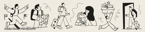 Relocation and migration doodle people illustration set showing moving abroad, travel journey, documents, luggage, maps and new life transition.