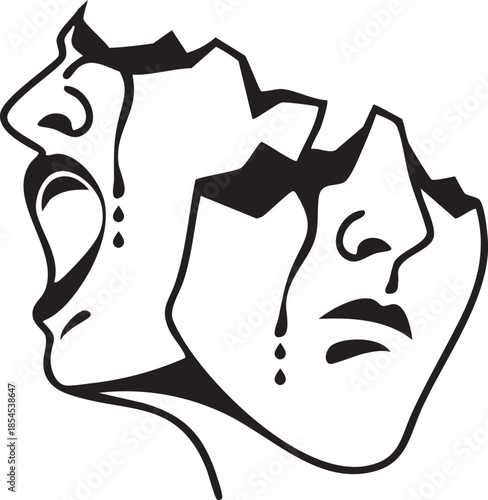 Abstract black and white graphic of a fractured face with tears