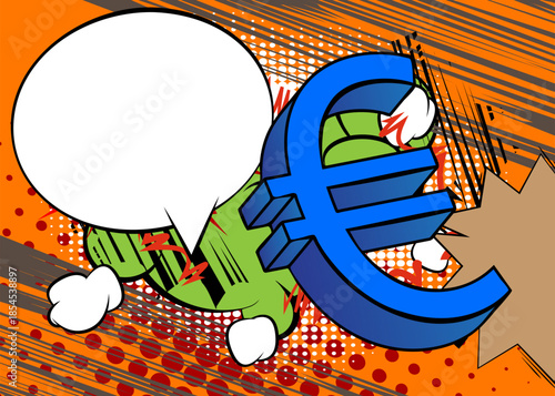 Cartoon Euro Sign with blank speech bubble, comic book financial background. Retro vector comics pop art design.