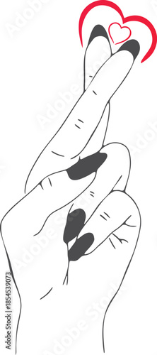 Hand fingers crossed with red heart outline vector