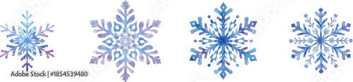 Hand drawn watercolor set blue purple and lilac snowflake composition. Winter Illustration isolated on white background. Can be used for postcard, invitation and other printed products