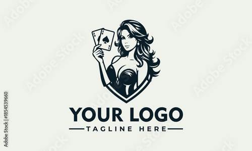Vector logo featuring a woman holding poker cards in a shield with space for custom logo and tagline on a plain background.