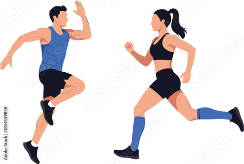 Athletic running illustration showing male and female runners sprinting in dynamic motion during fitness training workout isolated on white background