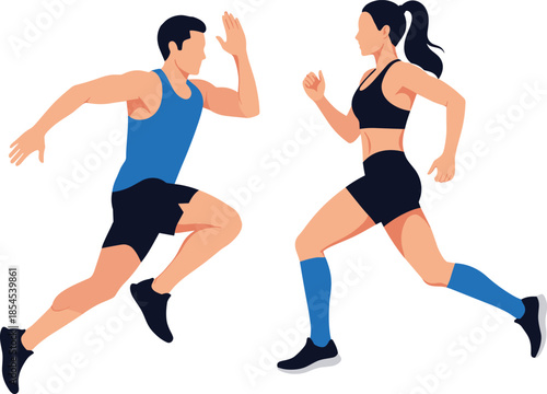 Athletic running illustration featuring male and female runners sprinting side by side during high intensity fitness training workout isolated on white