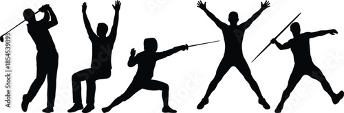 Athletic sports silhouettes showing diverse athletes performing golf swing, fencing duel, javelin throw, jumping exercises in dynamic action poses