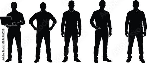 Business men silhouettes standing in different confident poses with laptop and casual posture, professional male figures vector illustration on white background