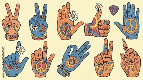 Colorful Hand Gestures with Peace Signs.