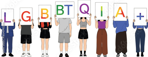 Diverse people holding LGBTQIA plus letter signs promoting pride, equality, inclusion, love, human rights, community awareness in modern flat vector style