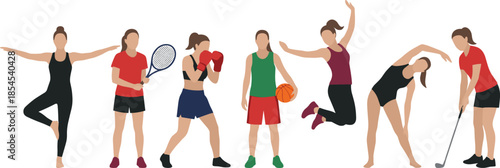 Flat vector illustration of diverse women practicing sports and fitness activities including yoga boxing basketball tennis stretching training exercises