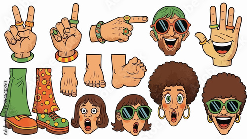 Cartoon Hands Feet Faces Accessories Retro Style.
