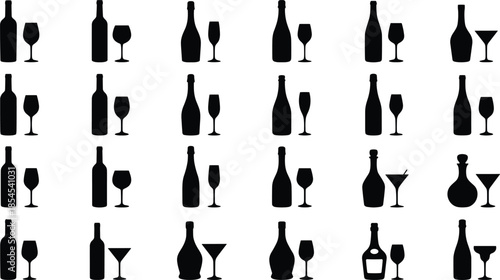 Seamless pattern of wine bottles and glasses black silhouettes isolated on white background for bar menu design and celebration theme