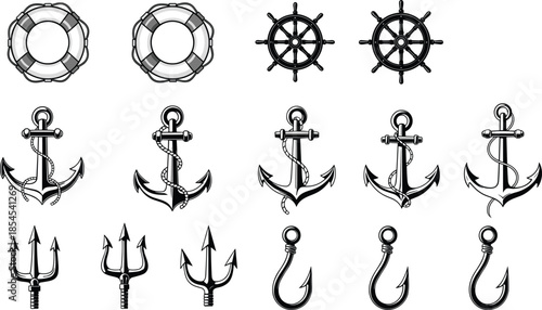 Set of nautical icons with lifebuoy ship wheel anchors trident and fishing hook, vintage marine symbol collection for sailing design