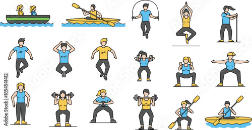 Sport and fitness activity illustration set showing kayaking jump rope yoga strength training workouts and active healthy lifestyle exercises