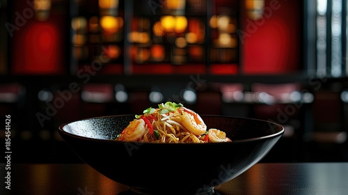Close-up of a bowl of delicious stir-fried noodles.