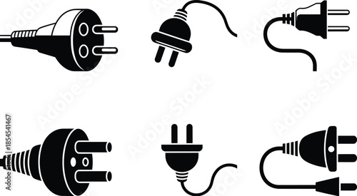 Black and white electrical plug icons set, minimalist power cable and socket silhouettes for technology and electricity design