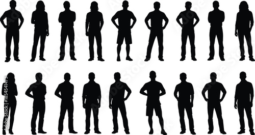 Standing people silhouettes in multiple poses isolated on white background representing diversity individuality teamwork human resources concept modern society