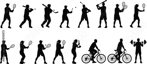Sports silhouettes collection featuring athletes playing baseball, tennis, cycling and weightlifting in dynamic action poses isolated on white