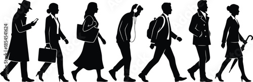 Walking people silhouettes of urban commuters and business professionals with bags, phones and accessories, city crowd lifestyle vector illustration