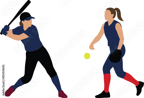 Women softball players illustration showing batter swinging bat and pitcher throwing ball in competitive game action isolated on white