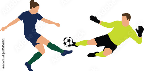 Women soccer illustration showing female striker shooting ball while goalkeeper dives to save during intense competitive match action