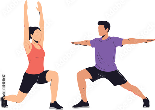 Yoga and fitness illustration showing man and woman performing warrior and lunge poses during balanced workout training isolated on white background