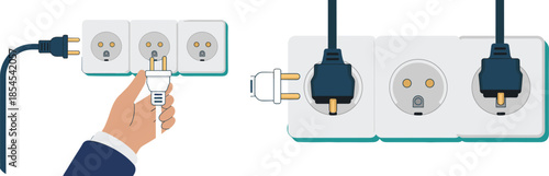 Hand plugging electrical cable into wall socket, power outlet connection sequence illustration for electricity safety and energy concept