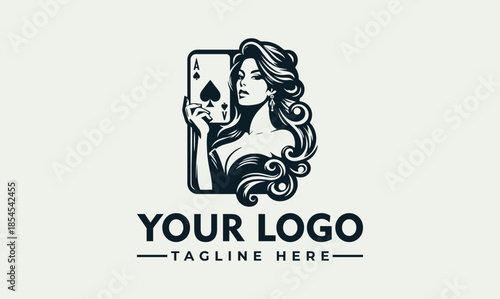 Vector logo design featuring a woman holding poker cards on a clean white background with a modern aesthetic.