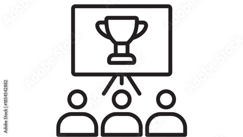 Presentation with trophy display and audience simple line art on transparent background silhouette