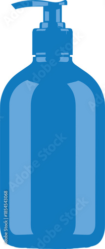 Blue stylized pump bottle silhouette with dispenser, minimalist vector icon for hygiene, personal care, packaging, soap or sanitizer design.
