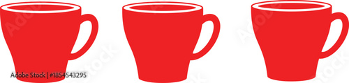 Three red coffee mugs with white rims and handles, varied shapes, minimalist vector design for cafe, drink, branding themes.
