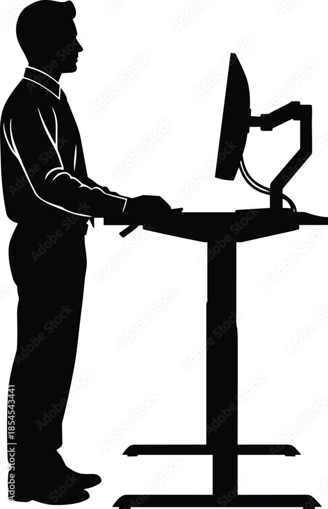 Fotografie Silhouette of man using adjustable standing desk at computer, ergonomic workstat
