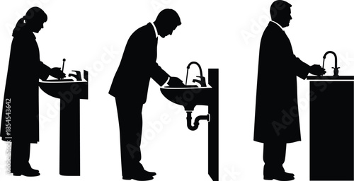 Silhouettes of people washing hands at bathroom sink, personal hygiene and sanitation concept, men and women, black and white vector