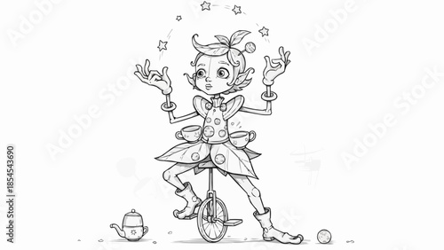 Young Clown Riding Unicycle Juggling Balls.