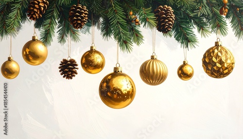Golden Christmas ornaments and pinecones hanging from evergreen branches on light background, elegant festive decor, soft natural lighting, cozy holiday atmosphere