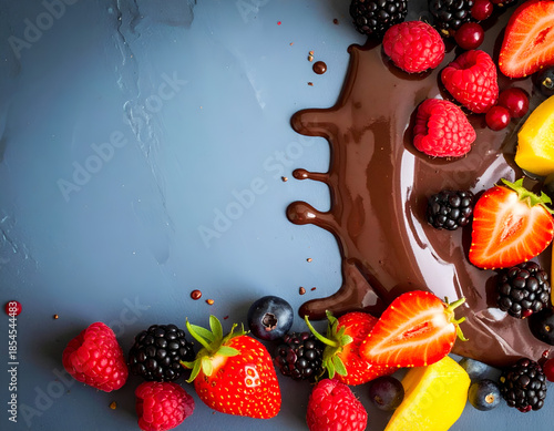 Premium food background with berries and strawberries arranged around a dark chocolate splash on blue stone. Generative AI