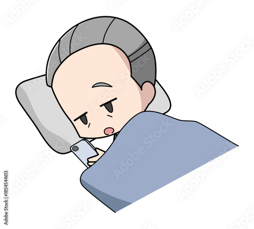 寝ながらスマートフォンを操作する暗い表情の高齢男性のイラスト
