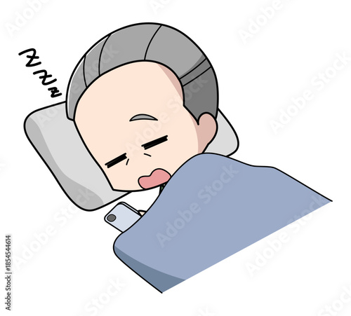 寝ながらスマートフォンを操作し寝落ちした高齢男性のイラスト