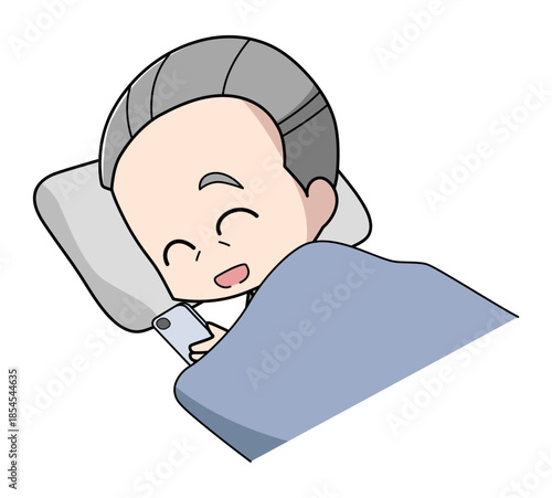 寝ながらスマートフォンを操作する笑顔の高齢男性のイラスト
