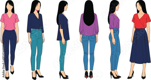 Vector illustration of a young woman standing in various poses and outfits showing different clothing styles