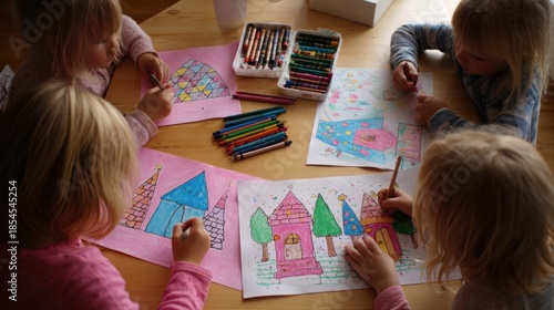 Creative Collaboration: A group of young children gathers around a table, engrossed in their artistic endeavors, filling paper with vibrant colors and imaginative designs.