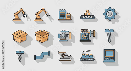 Industrial tools and machinery icons set.