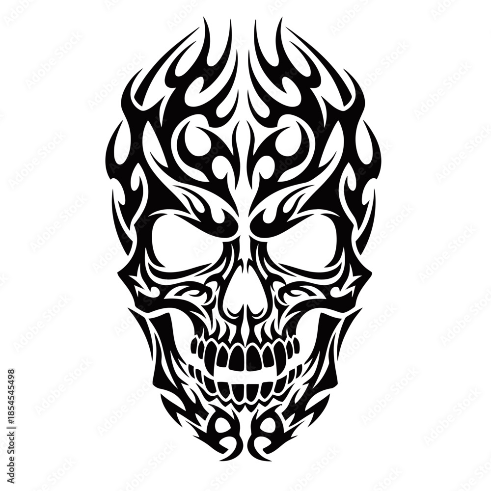 Fototapeta premium Stylized black and white tribal skull graphic design with flame-like elements and empty eye sockets.