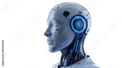 Futuristic robot head PNG isolated on transparent background, cyborg with blue glowing elements for science fiction and technology concepts
