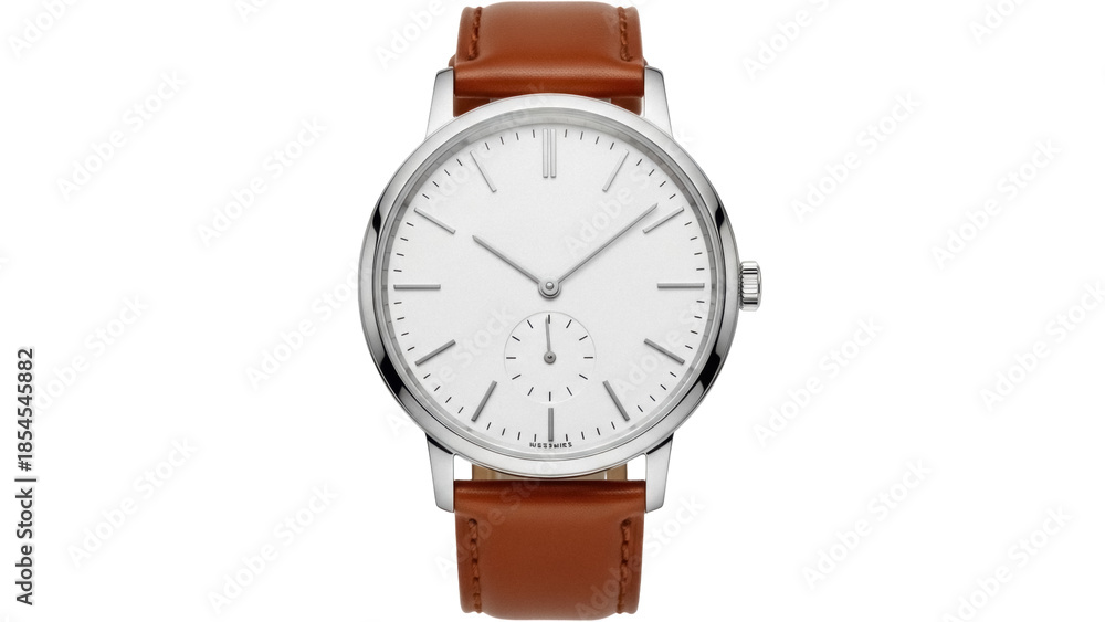 Αυτοκόλλητο Elegant silver wristwatch with brown leather strap isolated PNG, minimalist desi
