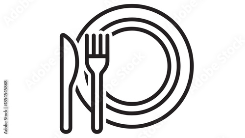 Simple black plate fork and knife icon on transparent background silhouette