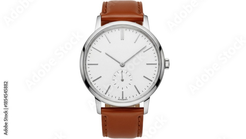 Fotografia Elegant silver wristwatch with brown leather strap isolated PNG, minimalist desi
