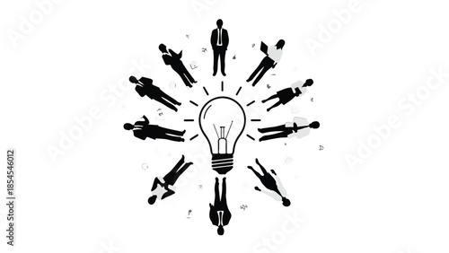 Diverse team collaborating around a bright idea, symbolizing innovation and teamwork.